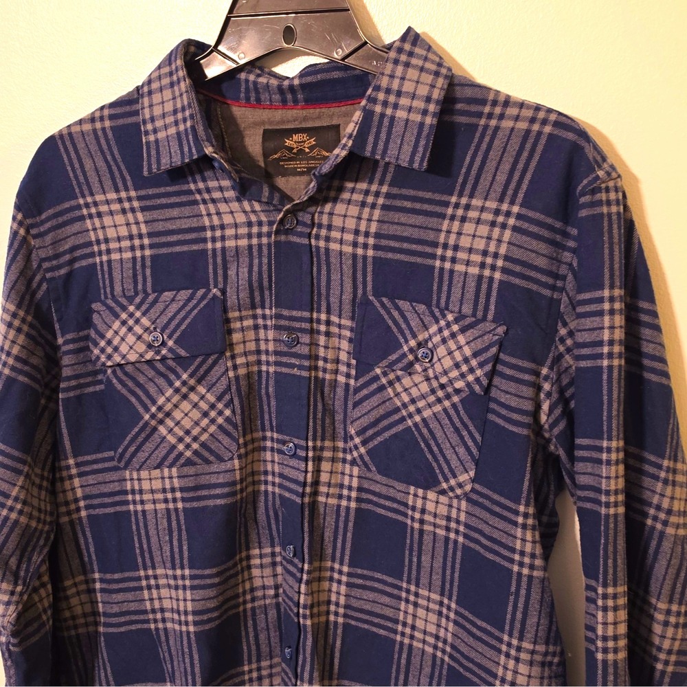MBX Men's Flannel Plaid LS Button-Up Pockets Point Collar M Blue/Gray #316